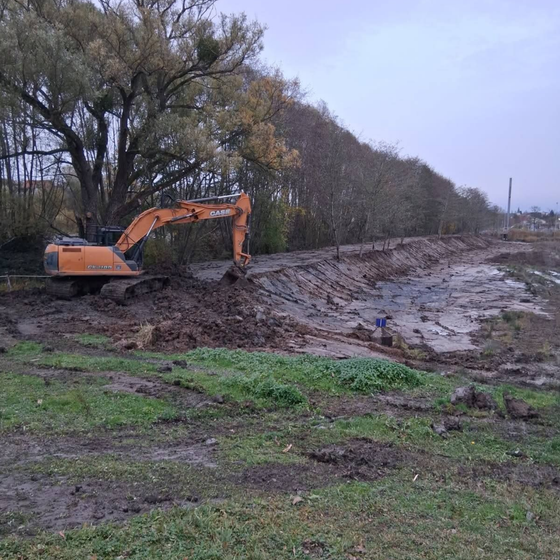 Une pelleteuse orange travaille sur une rive boueuse, près d'une rangée d'arbres, sous un ciel nuageux.