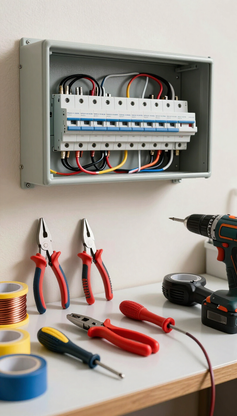 Panel de disyuntores eléctricos abierto con herramientas y carretes de cable sobre un banco de trabajo.