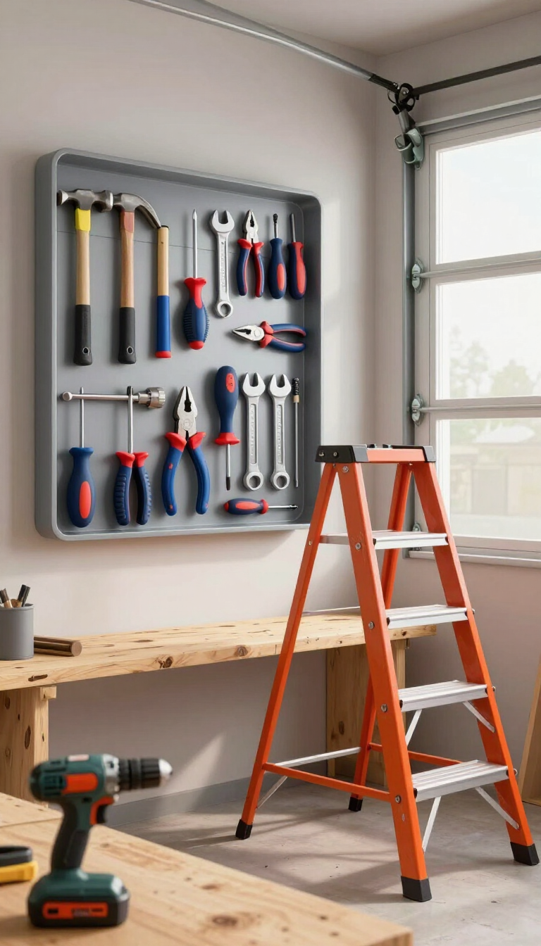 Pared de herramientas en un garaje con herramientas manuales colgadas y una escalera de mano naranja cerca de una ventana.