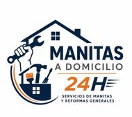 Logo de Manitas a Domicilio 24h: casa con herramientas en azul y naranja, texto de servicios y reformas generales