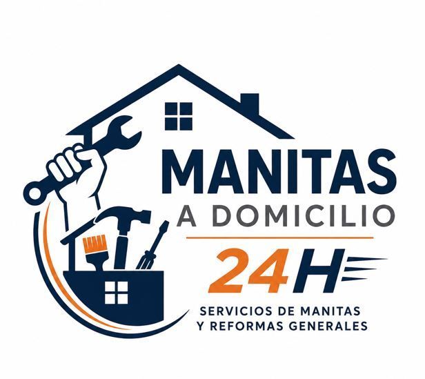 Logo de Manitas a Domicilio 24h: casa con herramientas en azul y naranja, texto de servicios y reformas generales