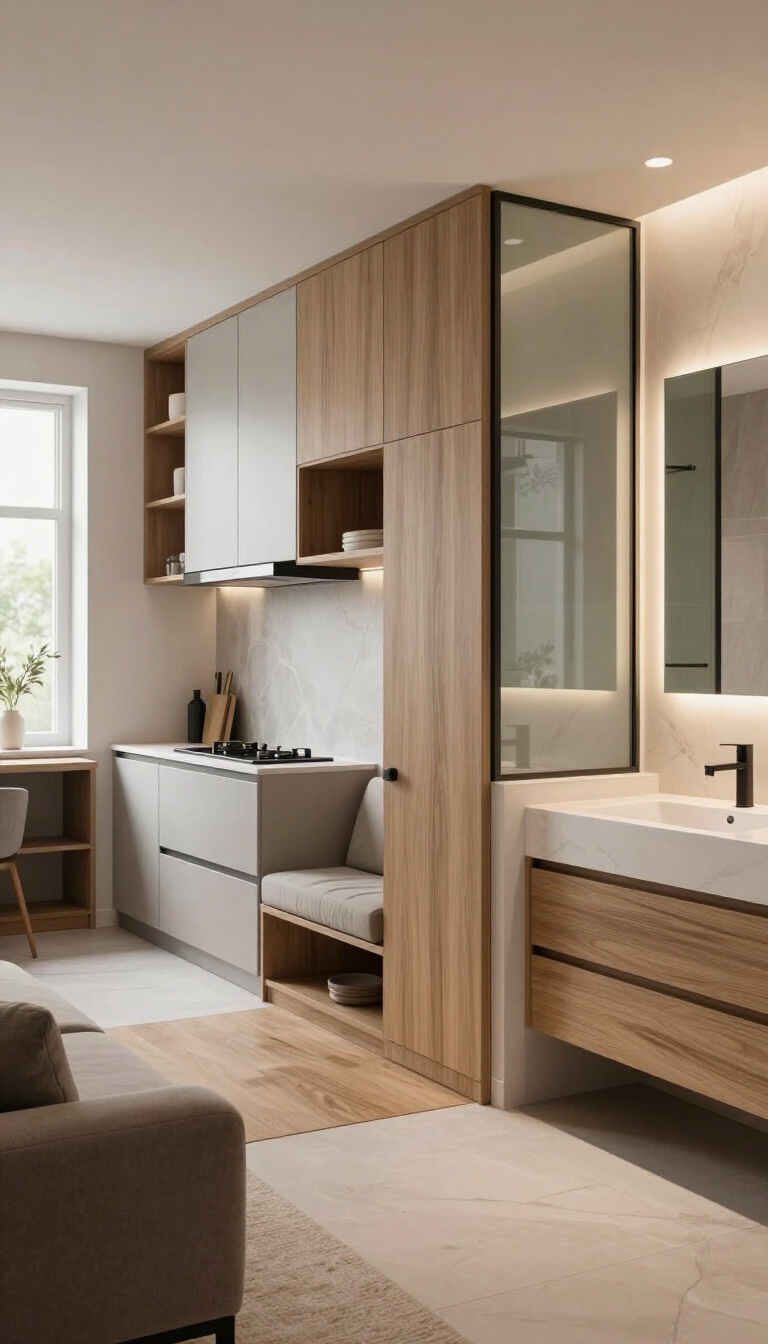 Dormitorio moderno minimalista con armarios empotrados de madera, escritorio blanco, espejo y tocador de baño contiguo.