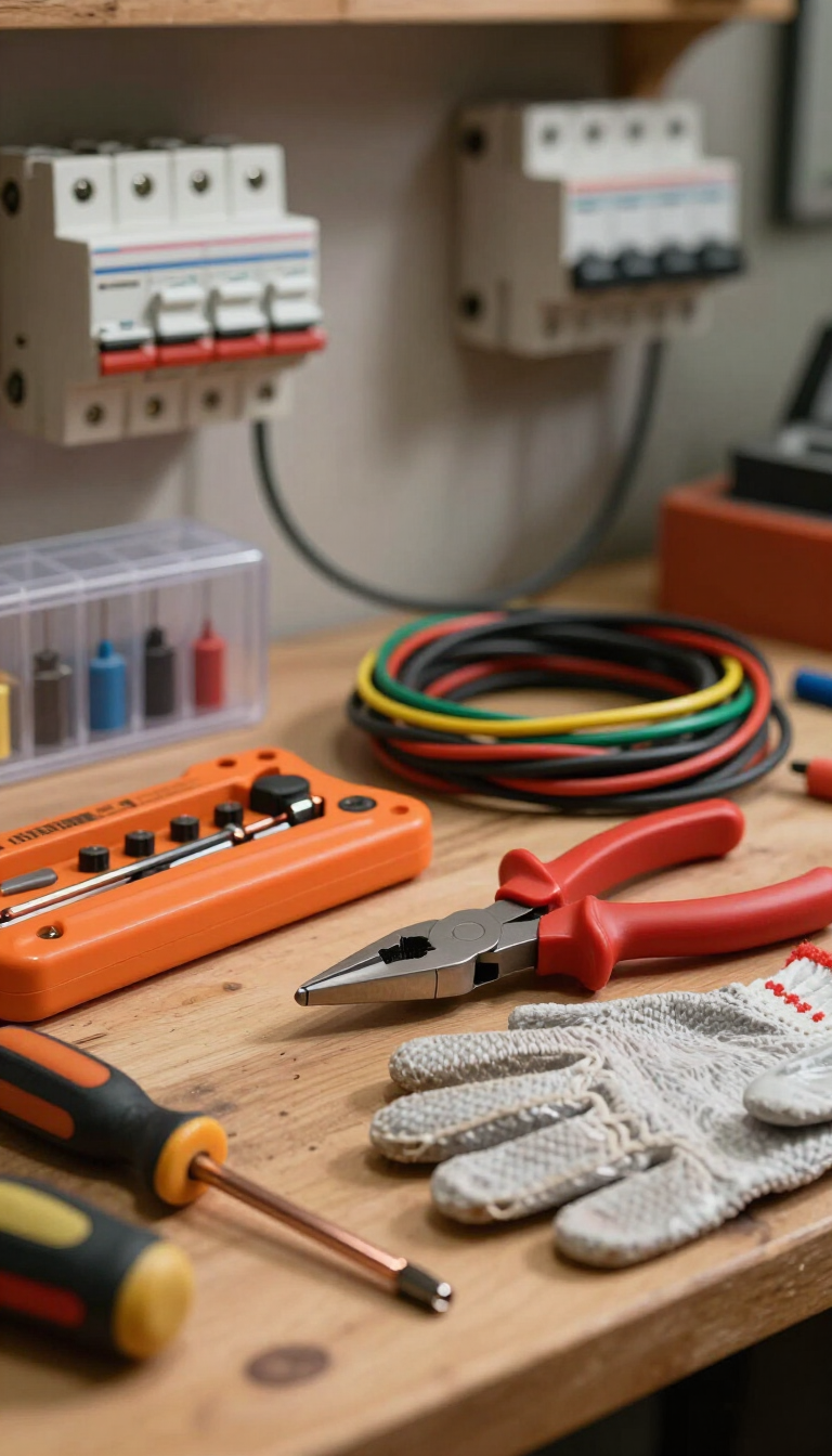 Banco de trabajo de electricista con herramientas, cables, guantes y disyuntores sobre una mesa de madera.