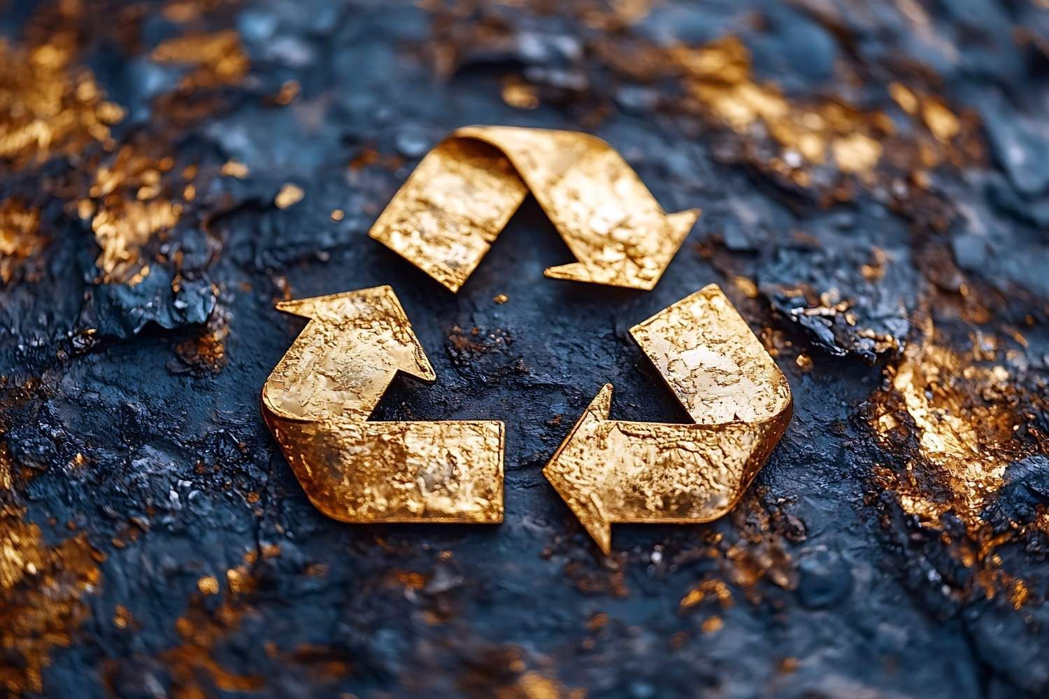Símbolo de reciclaje de oro sobre un fondo oscuro texturizado