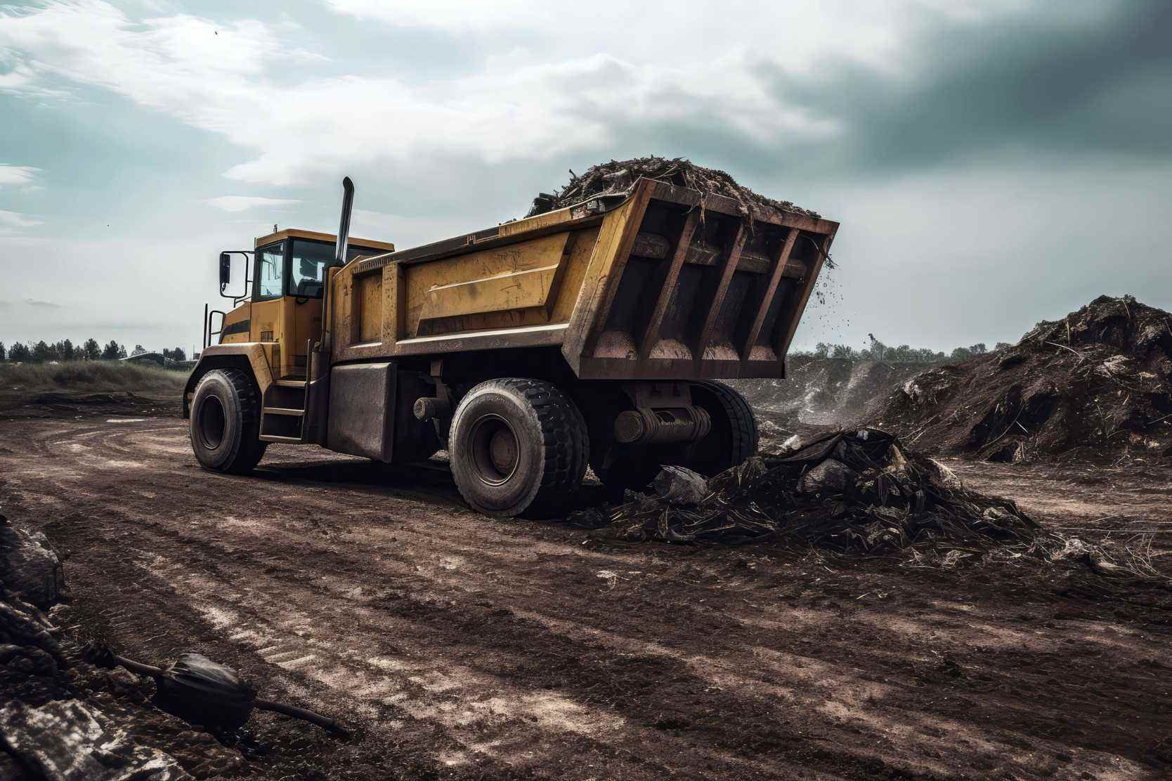 Camión volquete amarillo transportando tierra en una obra en construcción fangosa bajo un cielo nublado.