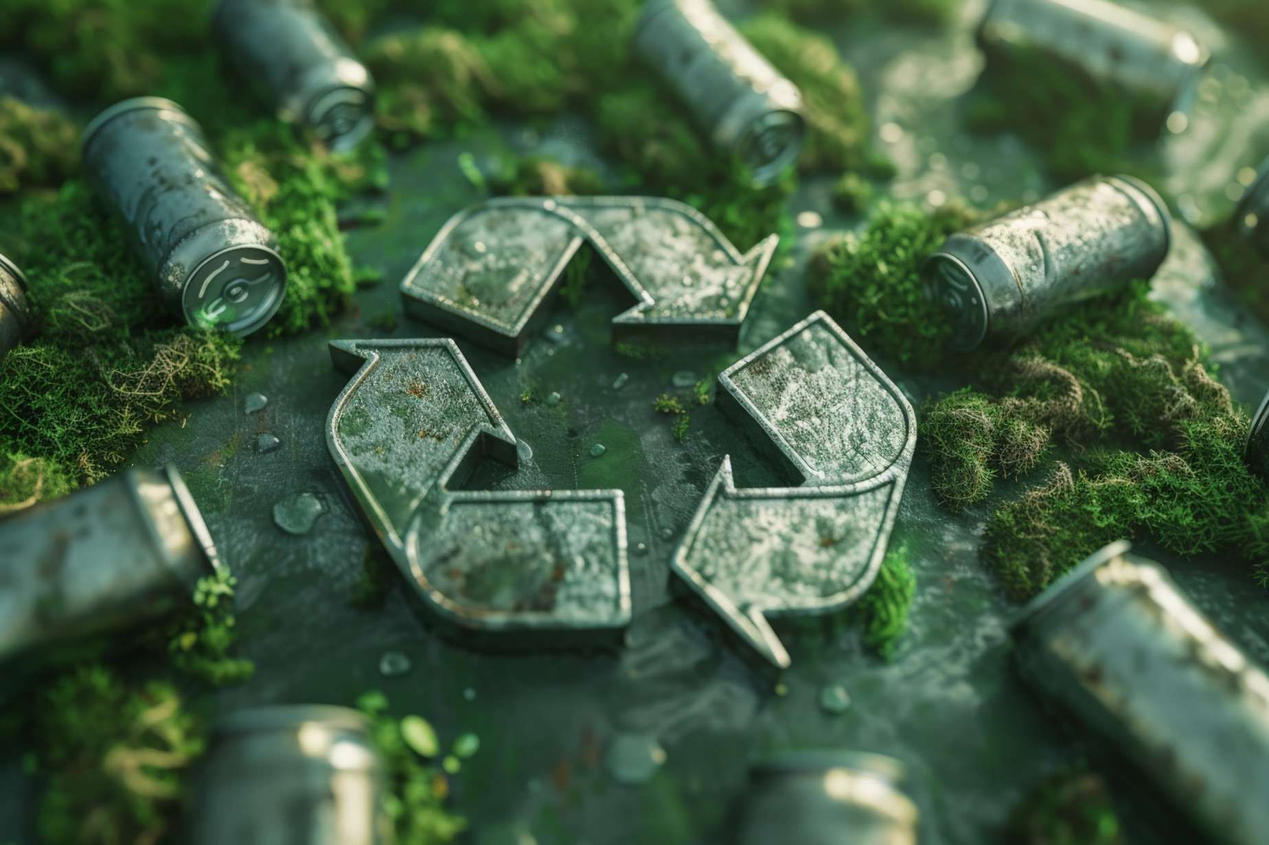 Símbolo de reciclaje de metales sobre musgo, rodeado de baterías desechadas y escombros.