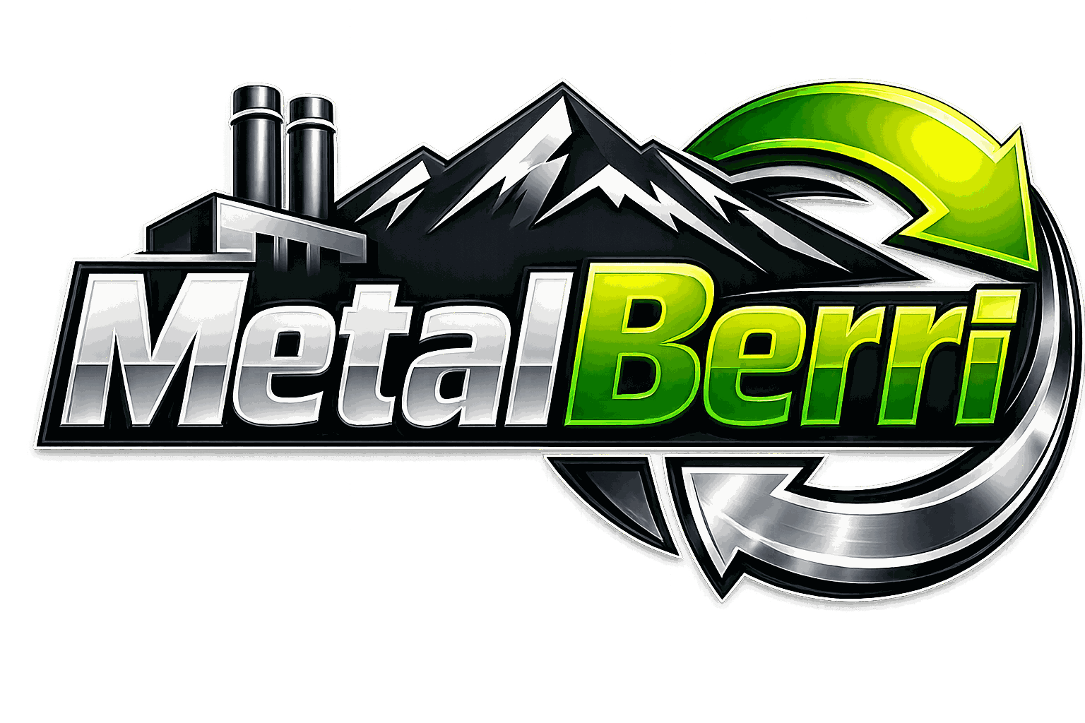 Logotipo de MetalBerri con texto negro y verde, pico de monta&ntilde;a e icono de flecha circular.