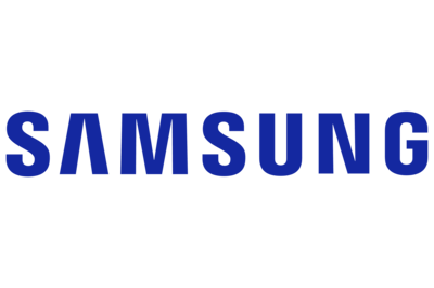 El logotipo de Samsung es azul y blanco sobre un fondo blanco.