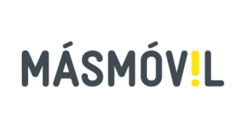 Un logotipo negro y amarillo de MasMovil sobre un fondo blanco.