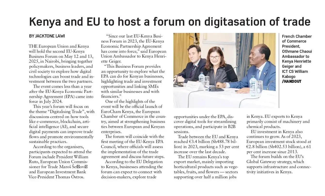 A newspaper article about kenya and eu to host a forum on digitisation of trade