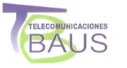 Logotipo para Telecomunicaciones BAUS: forma abstracta verde y morada con el nombre de la empresa.