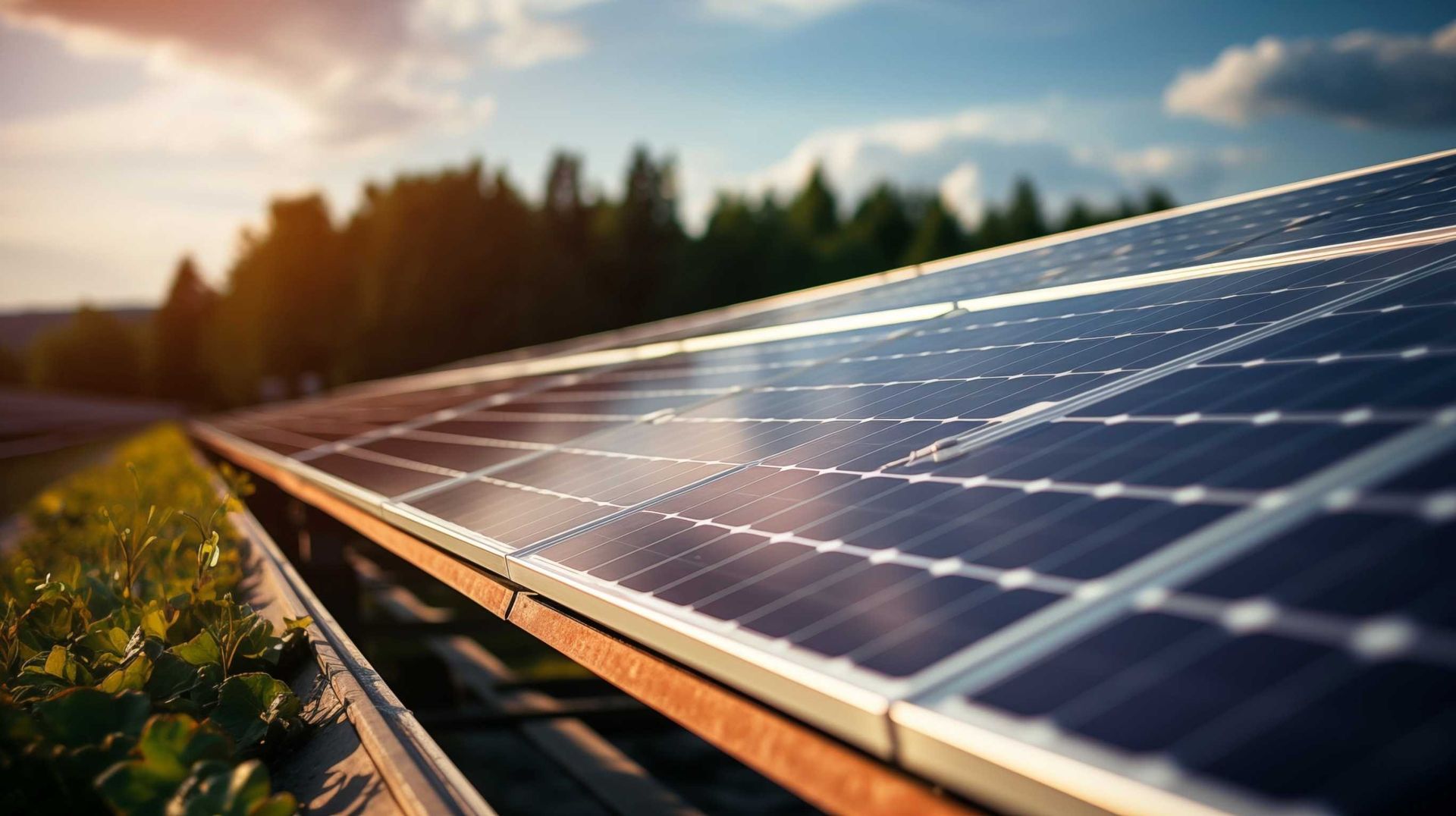 Paneles solares en filas, capturando la luz del sol al aire libre con un fondo de bosque.