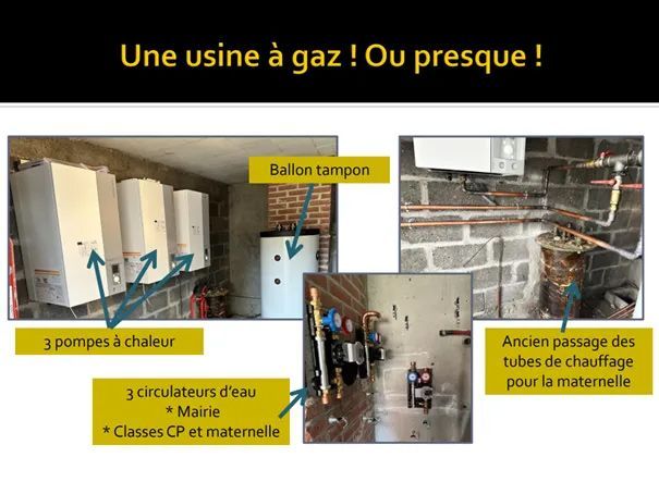 Ensemble de photos descriptives d'un chantier d'installation de système de chauffage pour une école