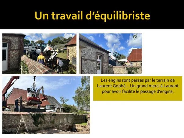 Ensemble de photos décrivant le treuillage d'engins de chantier par-dessus un mur