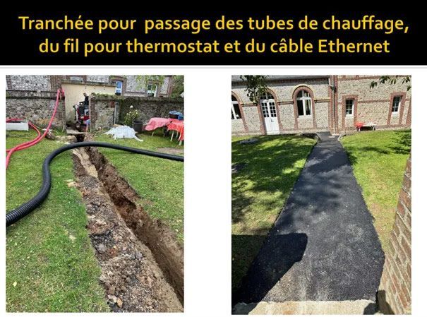 Réalisation d'une tranchée pour le passage des tubes de chauffage, du fil pour thermostat et du câble ethernet