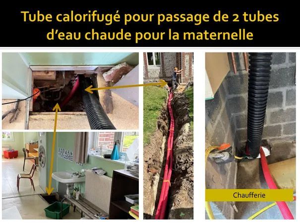 Ensemble de photos décrivant la mise en place d'un tube calorifugé permettant le passage des tubes d'eau chaude