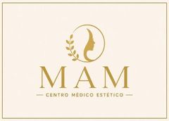 Logotipo de Gold MAM Centro Médico Estético con corona de laurel y silueta estilizada sobre un fondo color crema