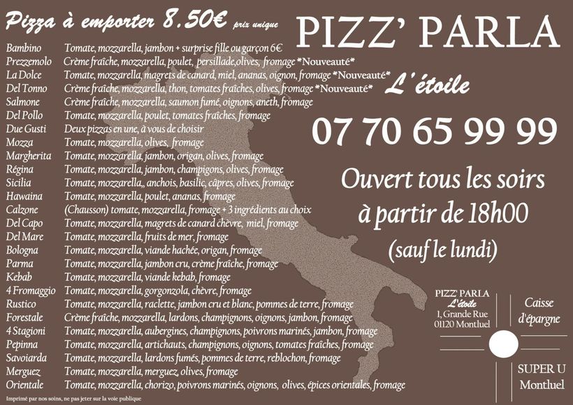 Carte des pizzas de Pizz Parla l'Etoile à Montluel