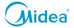 El logotipo de midea es azul y blanco sobre un fondo blanco.