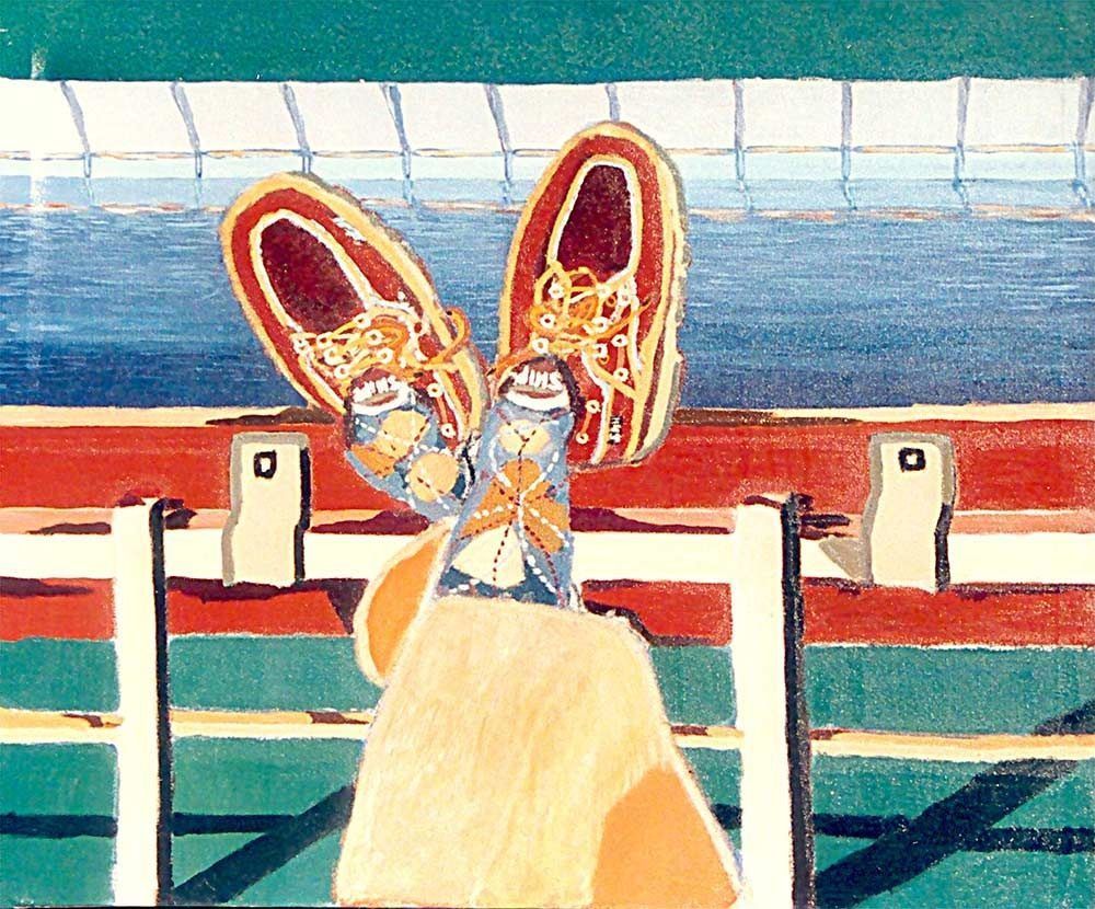 Una pintura de los pies de una persona colgando sobre un obstáculo.