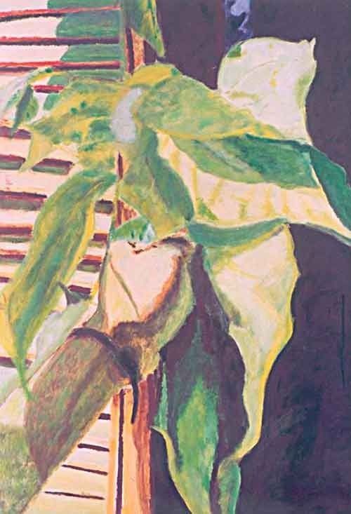 Un primer plano de una pintura de una planta con hojas verdes y amarillas.