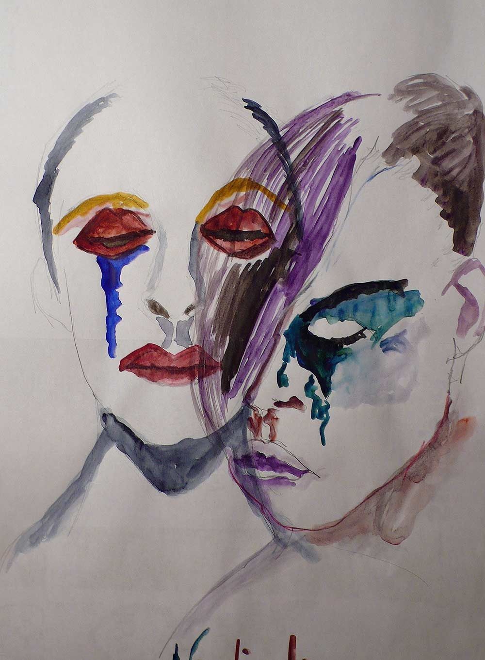 Una pintura de un hombre y una mujer con lágrimas en sus rostros.