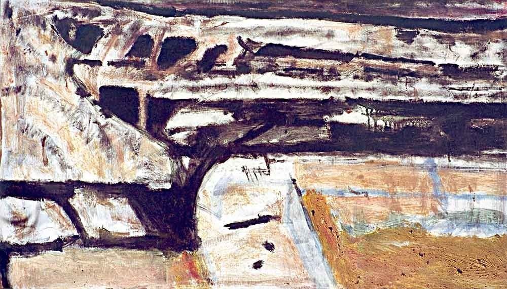 Es una pintura de un puente sobre un río.