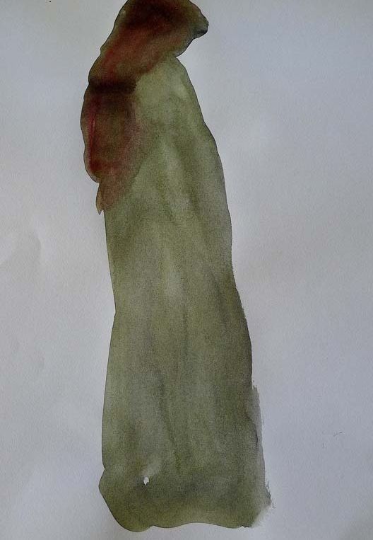 Un trozo de papel con una pintura de una persona en él.