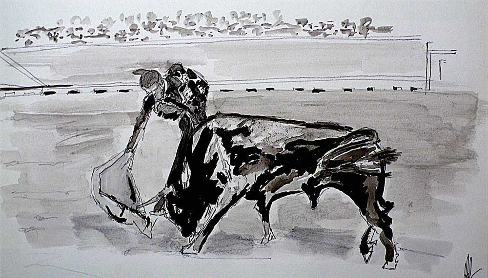 Un dibujo en blanco y negro de una vaca en una playa.