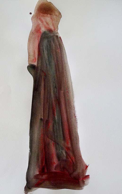 Una pintura de acuarela de una persona que lleva una capa roja.