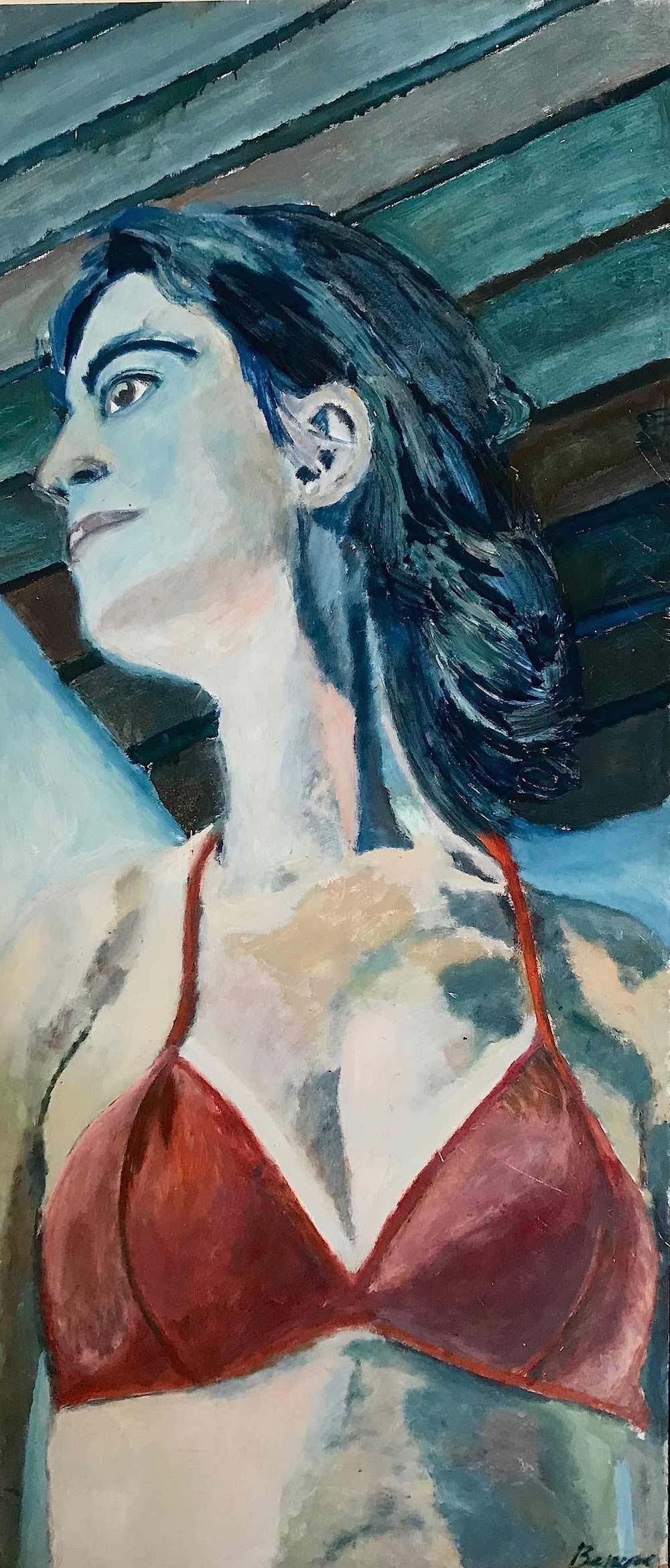 Una pintura de una mujer con un bikini rojo.
