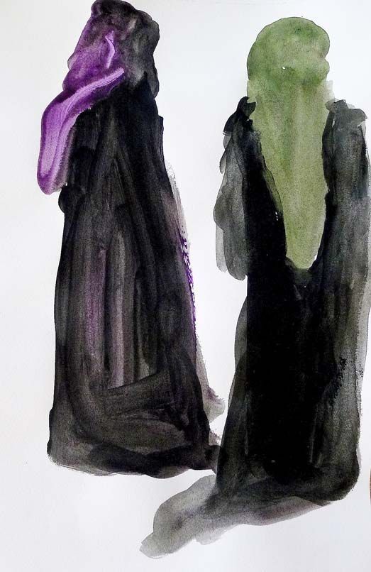 Una pintura de acuarela de dos personas paradas una al lado de la otra.