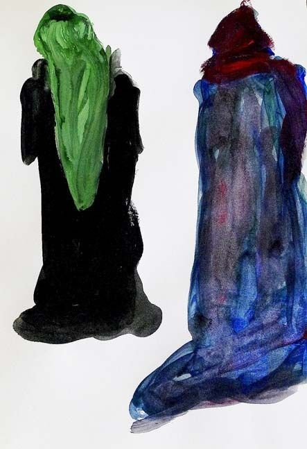 Una pintura de una persona con un pañuelo verde en la cabeza.