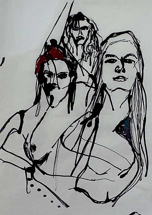 Un dibujo en blanco y negro de tres mujeres con cabello largo.