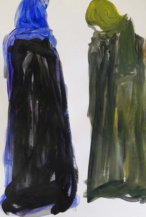 Una pintura en negro y verde de una persona parada una al lado de la otra.