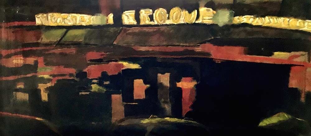 Una pintura de un edificio con un cartel que dice bienvenido