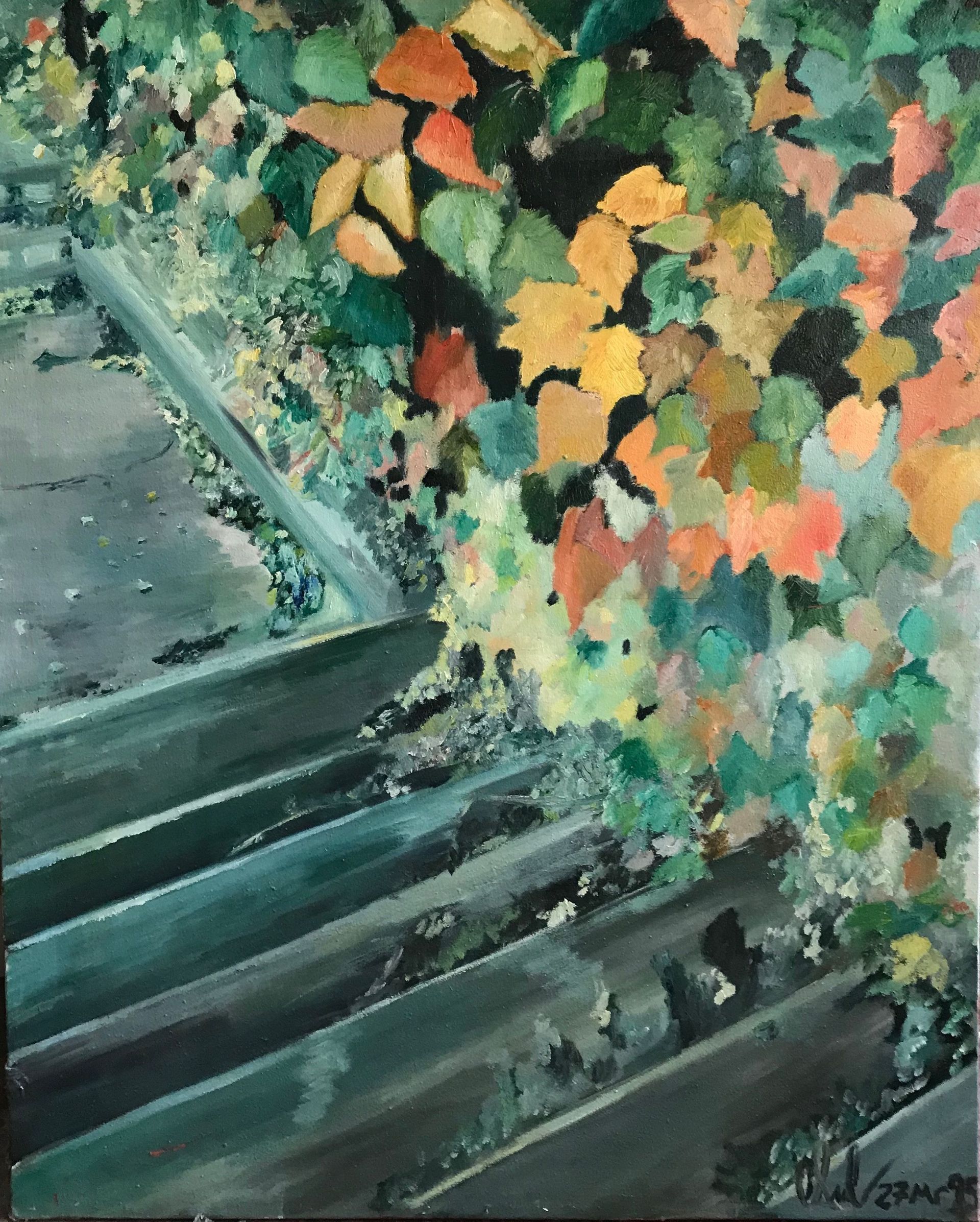 Una pintura de un conjunto de escaleras con hojas sobre ellas.