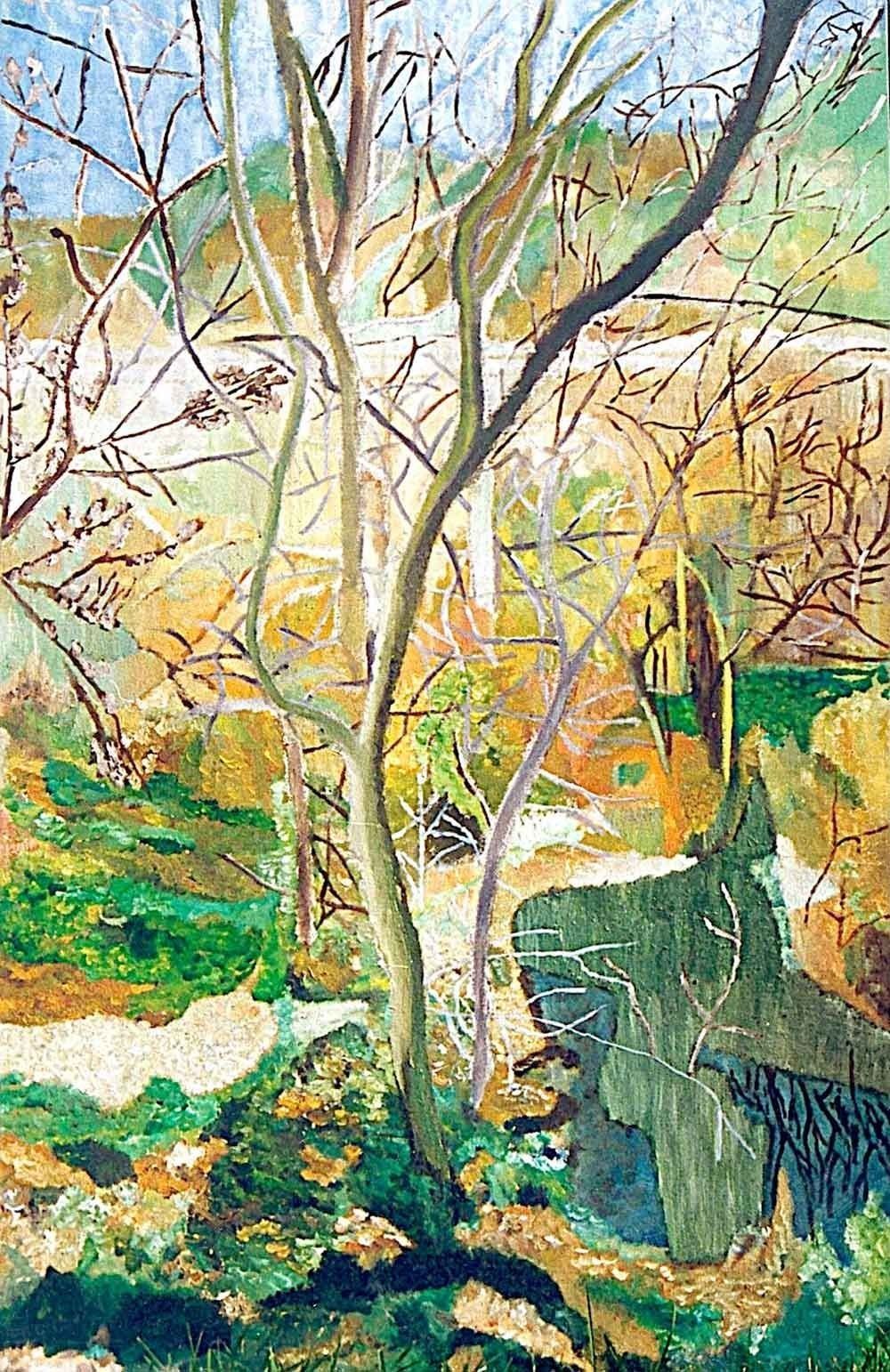 Es una pintura de un paisaje con arboles y un rio.