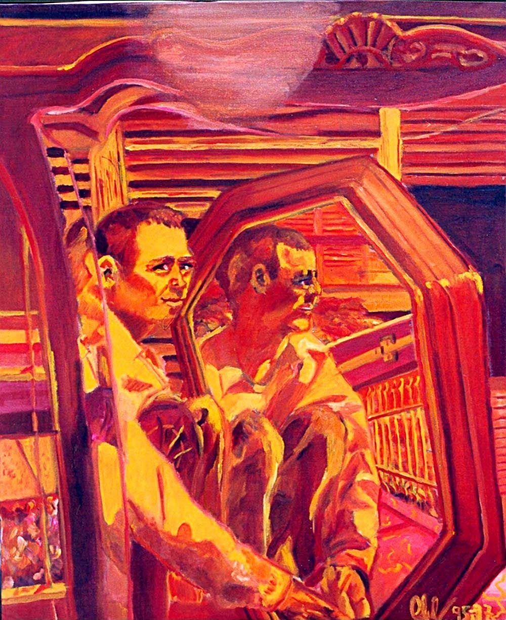 Una pintura de un hombre mirándose en un espejo.