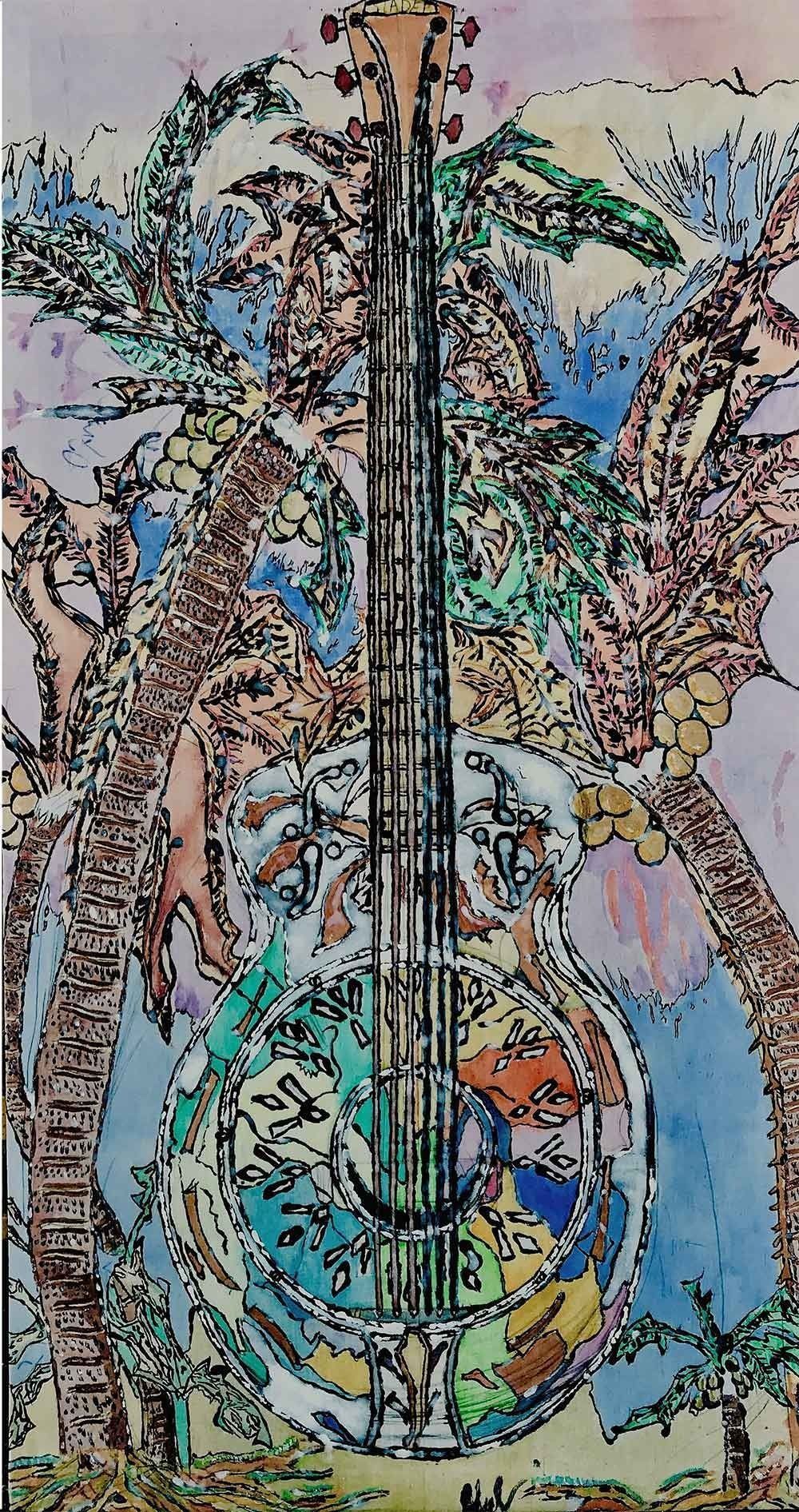 Una pintura de un banjo con árboles al fondo.