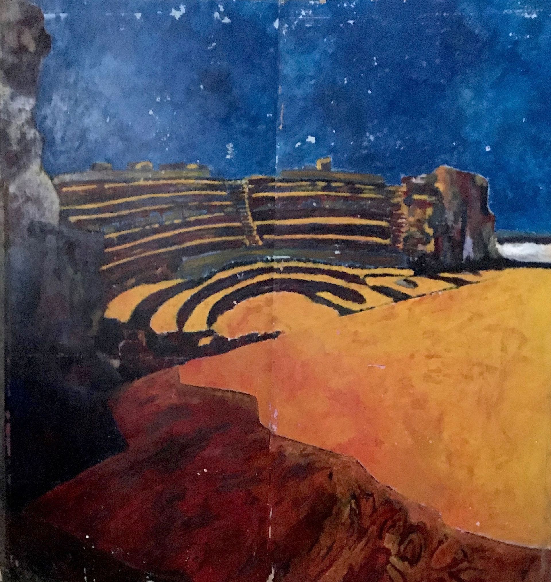 Una pintura de un anfiteatro con un cielo azul al fondo.