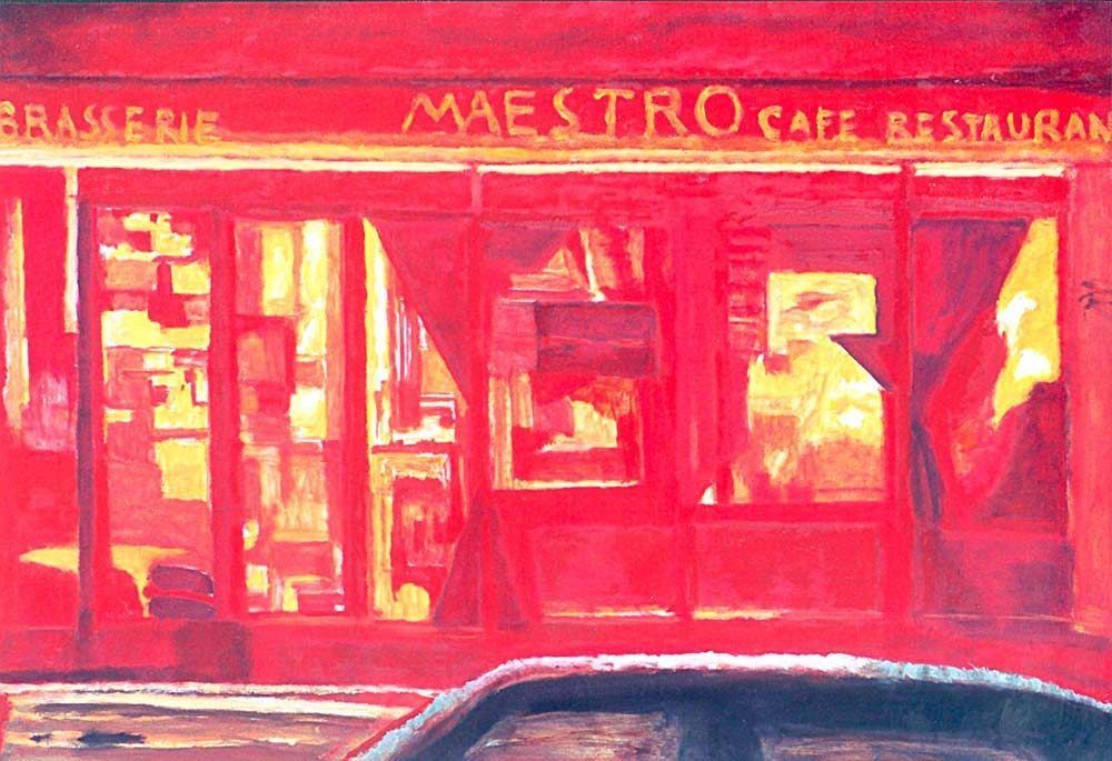 Una pintura de un restaurante llamado Maestro Café Restaurant.