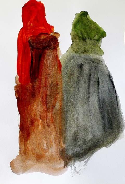 Un cuadro de tres personas paradas una al lado de la otra.