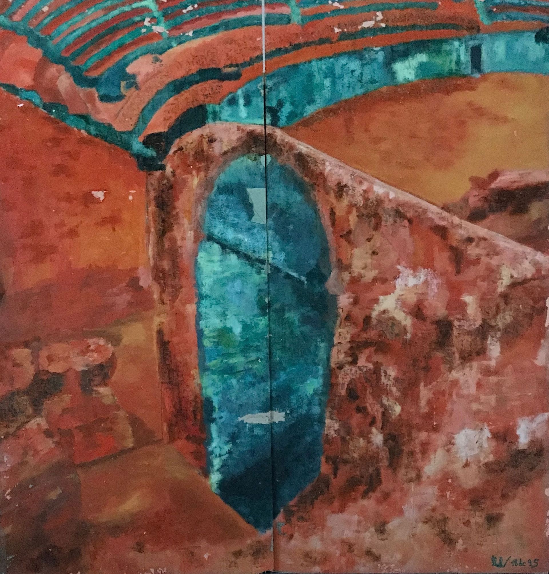 Un primer plano de una pintura con un objeto azul en el medio.