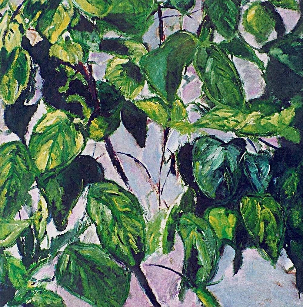 Una pintura de un árbol con muchas hojas verdes.