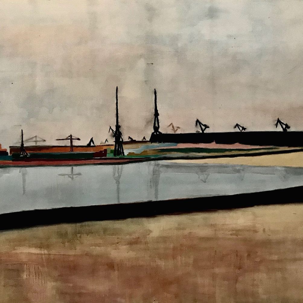 Una pintura de un puente sobre un cuerpo de agua