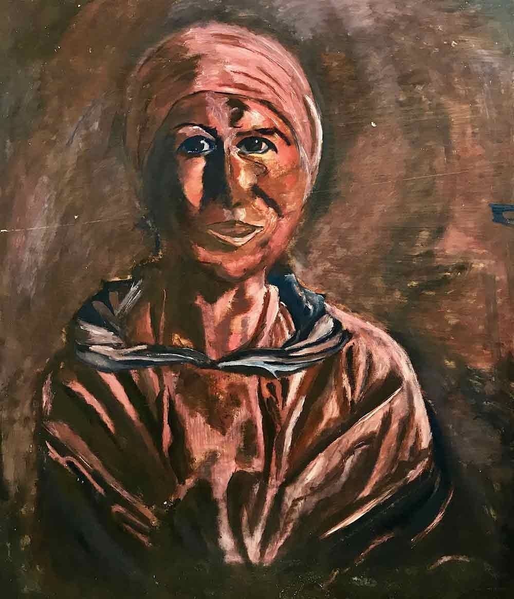 Una pintura de una mujer con un pañuelo alrededor de la cabeza.