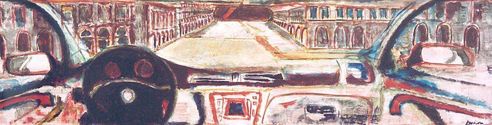 Una pintura de un volante con el número 5 en él.