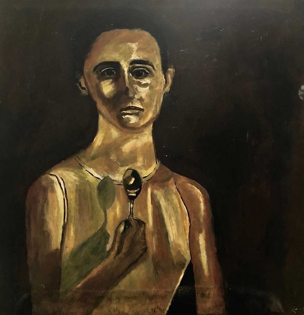 Una pintura de un hombre sosteniendo una cuchara en la mano.