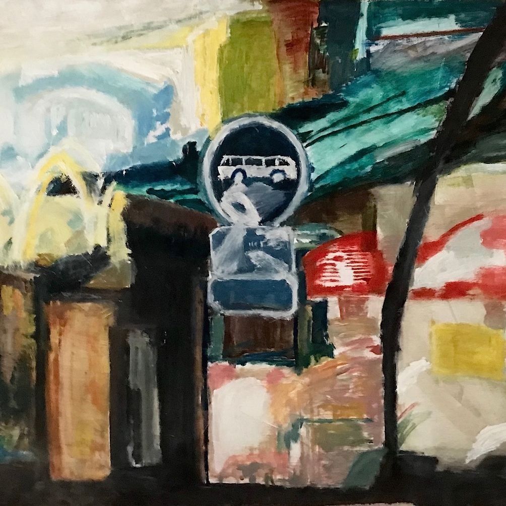 Una pintura colorida de una señal de parada de autobús.